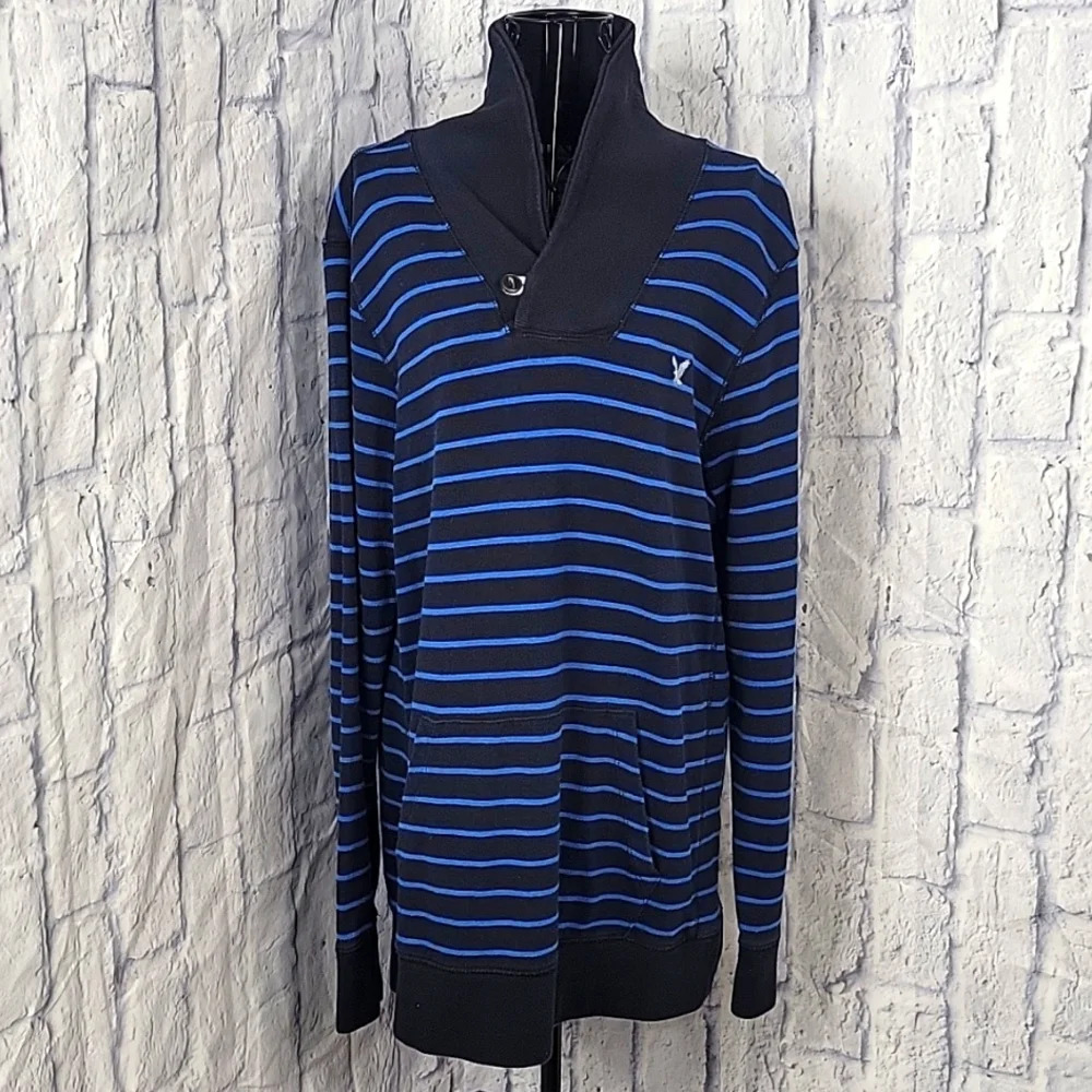 VINTAGE AMERICAN EAGLE Black and Blue Striped Pullover Men's Sweatshirt‎ Large
